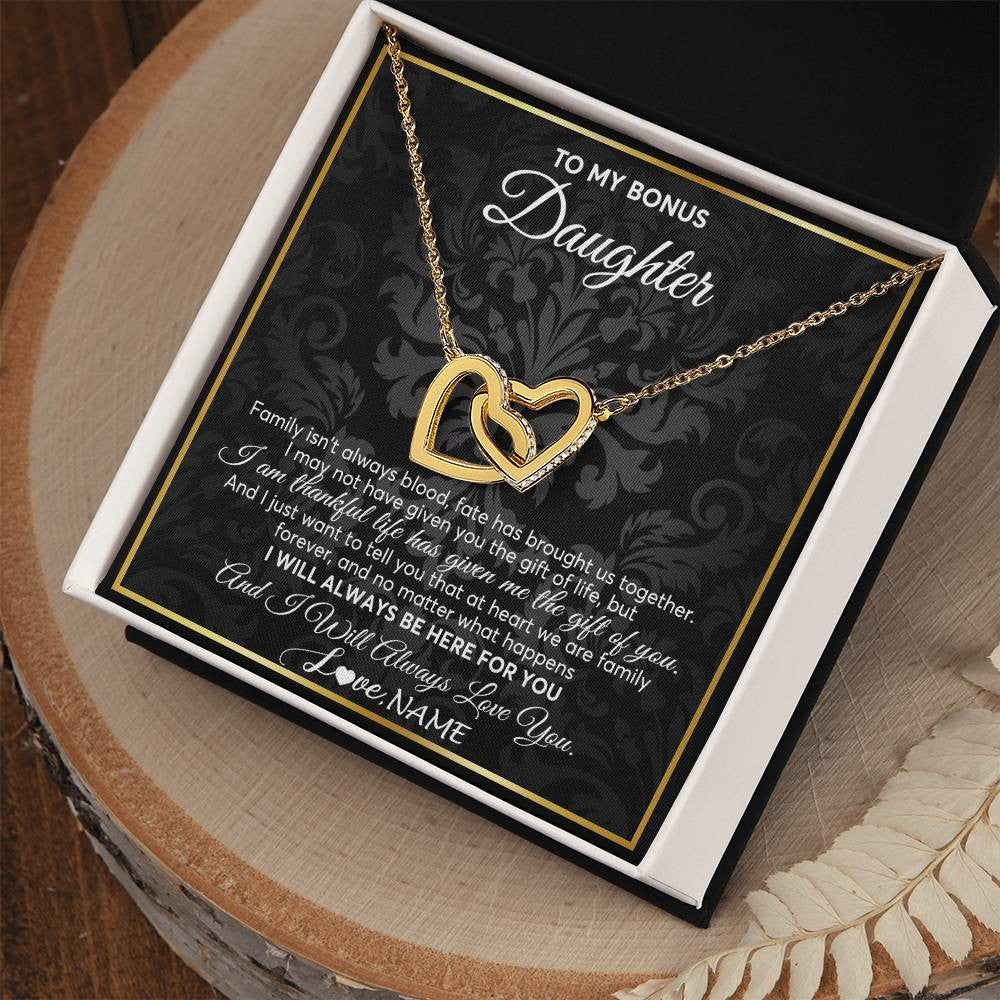 Interlocking Hearts Necklace 18K Yellow Gold Finish | Personalized To My Bonus Daughter Necklace From Stepmom Stepdad Father Family Forever Stepdaughter Birthday Christmas Jewelry Customized Gift Box Message Card | siriusteestore