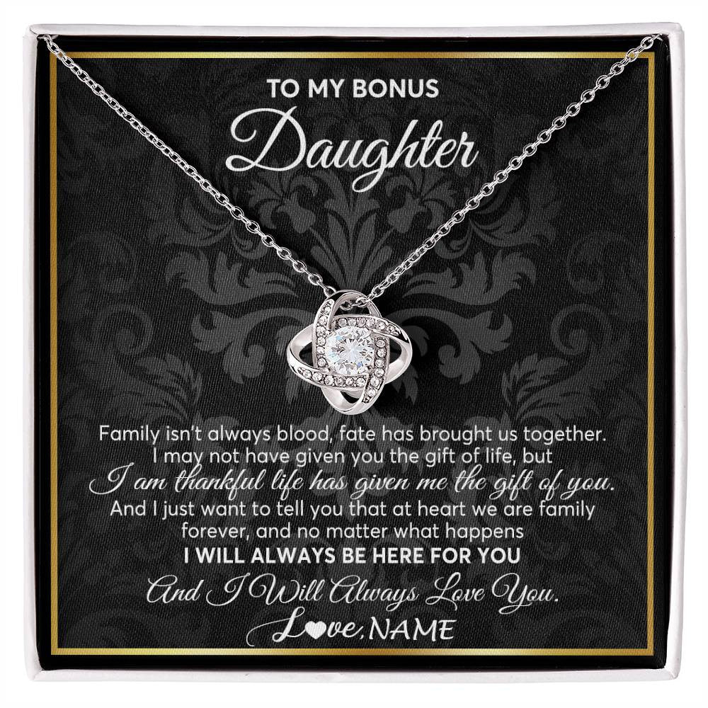 Love Knot Necklace 14K White Gold Finish | Personalized To My Bonus Daughter Necklace From Stepmom Stepdad Father Family Forever Stepdaughter Birthday Christmas Jewelry Customized Gift Box Message Card | siriusteestore