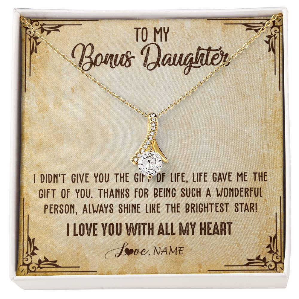 Alluring Beauty Necklace 18K Yellow Gold Finish | 1 | Personalized To My Bonus Daughter Necklace From Stepmom Stepdad I Love You With All My Heart Stepdaughter Birthday Christmas Customized Gift Box Message Card | siriusteestore