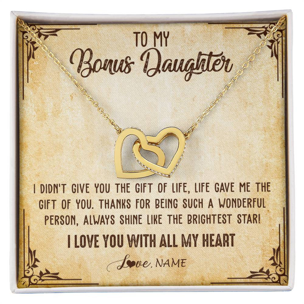 Interlocking Hearts Necklace 18K Yellow Gold Finish | 1 | Personalized To My Bonus Daughter Necklace From Stepmom Stepdad I Love You With All My Heart Stepdaughter Birthday Christmas Customized Gift Box Message Card | siriusteestore