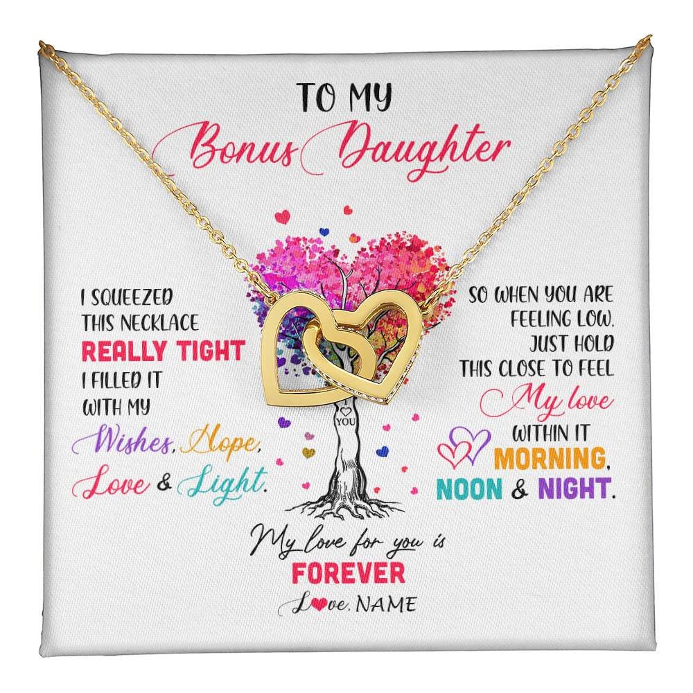 Interlocking Hearts Necklace 18K Yellow Gold Finish | 1 | Personalized To My Bonus Daughter Necklace From Stepmom Stepdad I Squeezed This Necklace Stepdaughter Birthday Christmas Customized Gift Box Message Card | siriusteestore