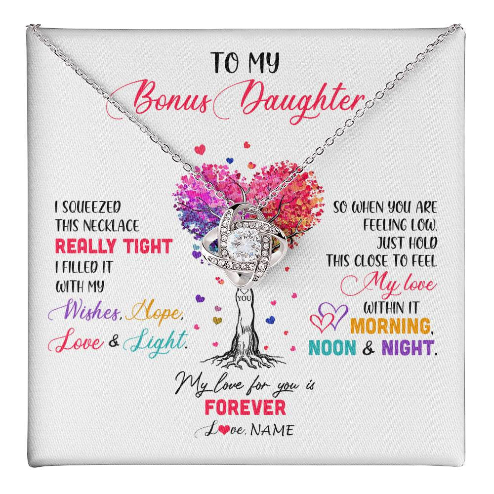 Love Knot Necklace 14K White Gold Finish | 1 | Personalized To My Bonus Daughter Necklace From Stepmom Stepdad I Squeezed This Necklace Stepdaughter Birthday Christmas Customized Gift Box Message Card | siriusteestore