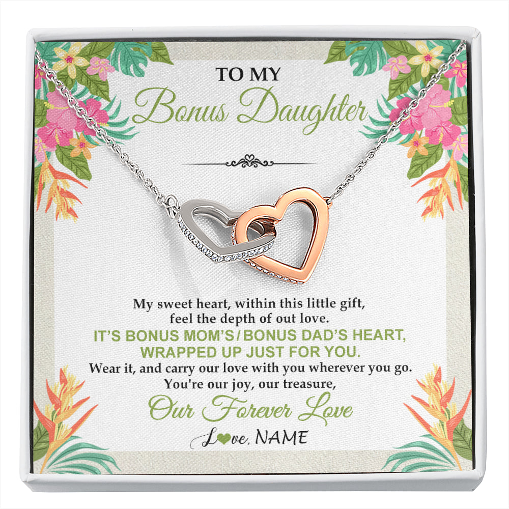 Interlocking Hearts Necklace Stainless Steel & Rose Gold Finish | 1 | Personalized To My Bonus Daughter Necklace From Stepmom Stepdad My Sweet Heart Birthday Gift For Stepddaughter Christmas Graduation Gift Box Message Card | siriusteestore