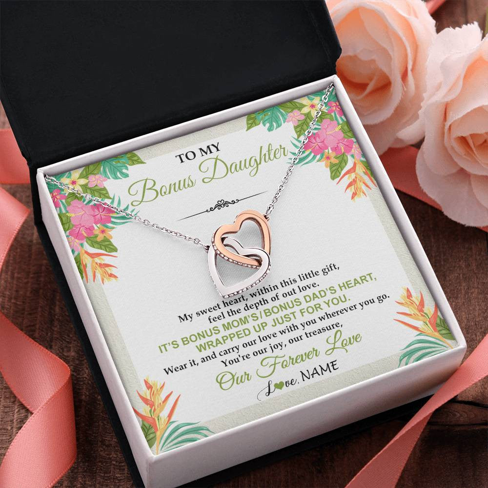 Interlocking Hearts Necklace Stainless Steel & Rose Gold Finish | 2 | Personalized To My Bonus Daughter Necklace From Stepmom Stepdad My Sweet Heart Birthday Gift For Stepddaughter Christmas Graduation Gift Box Message Card | siriusteestore