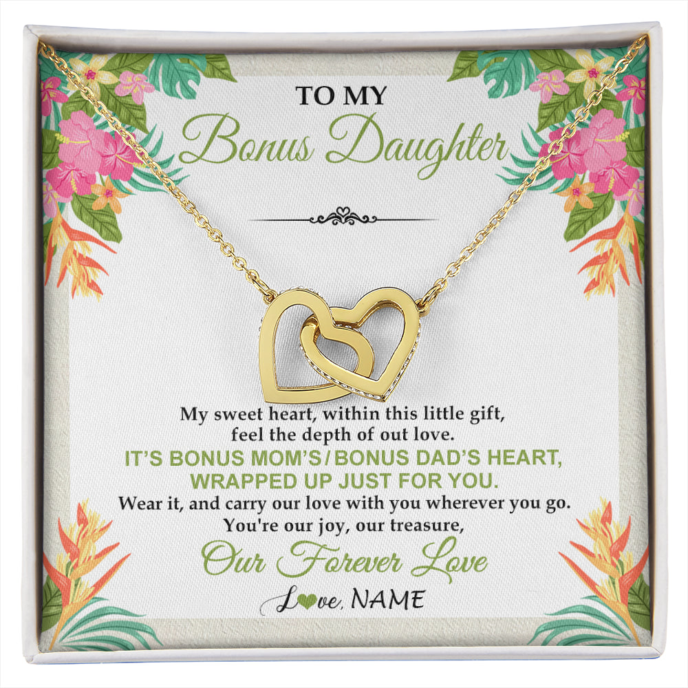 Interlocking Hearts Necklace 18K Yellow Gold Finish | 1 | Personalized To My Bonus Daughter Necklace From Stepmom Stepdad My Sweet Heart Birthday Gift For Stepddaughter Christmas Graduation Gift Box Message Card | siriusteestore