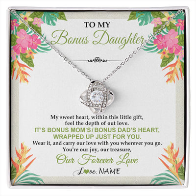 Love Knot Necklace 14K White Gold Finish | 1 | Personalized To My Bonus Daughter Necklace From Stepmom Stepdad My Sweet Heart Birthday Gift For Stepddaughter Christmas Graduation Gift Box Message Card | siriusteestore