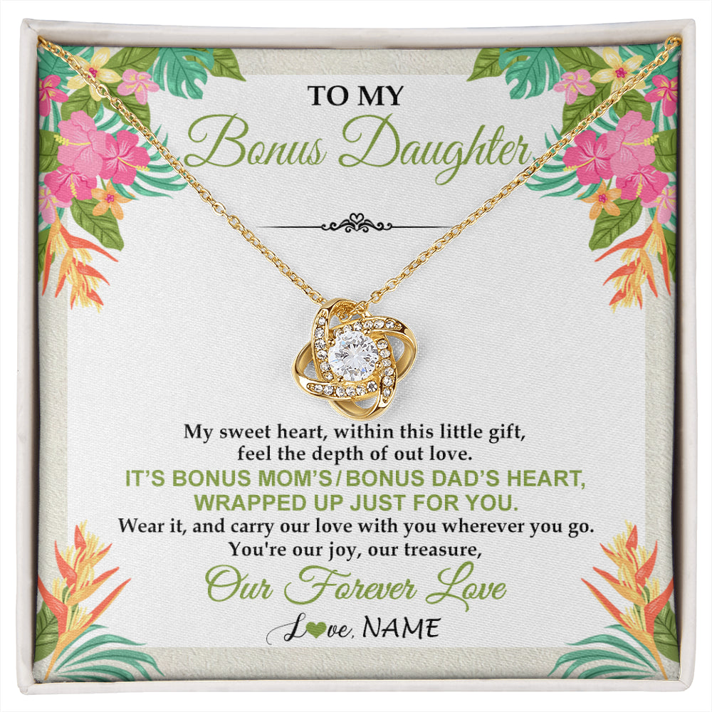 Love Knot Necklace 18K Yellow Gold Finish | 1 | Personalized To My Bonus Daughter Necklace From Stepmom Stepdad My Sweet Heart Birthday Gift For Stepddaughter Christmas Graduation Gift Box Message Card | siriusteestore