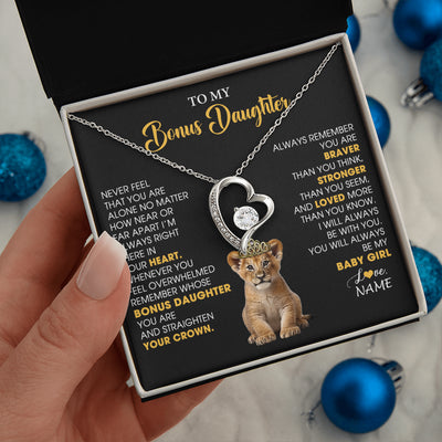 Forever Love Necklace 14K White Gold Finish | 2 | Personalized To My Bonus Daughter Necklace From Stepmom Stepdad Never Feel You Are Alone Lion Birthday Gift Stepddaughter Christmas Gift Box Message Card | siriusteestore