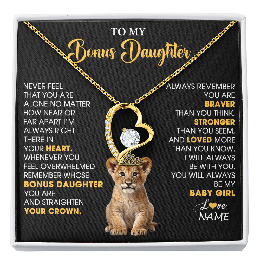 Forever Love Necklace 18K Yellow Gold Finish | 1 | Personalized To My Bonus Daughter Necklace From Stepmom Stepdad Never Feel You Are Alone Lion Birthday Gift Stepddaughter Christmas Gift Box Message Card | siriusteestore