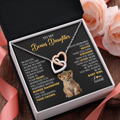 Interlocking Hearts Necklace Stainless Steel & Rose Gold Finish | 2 | Personalized To My Bonus Daughter Necklace From Stepmom Stepdad Never Feel You Are Alone Lion Birthday Gift Stepddaughter Christmas Gift Box Message Card | siriusteestore