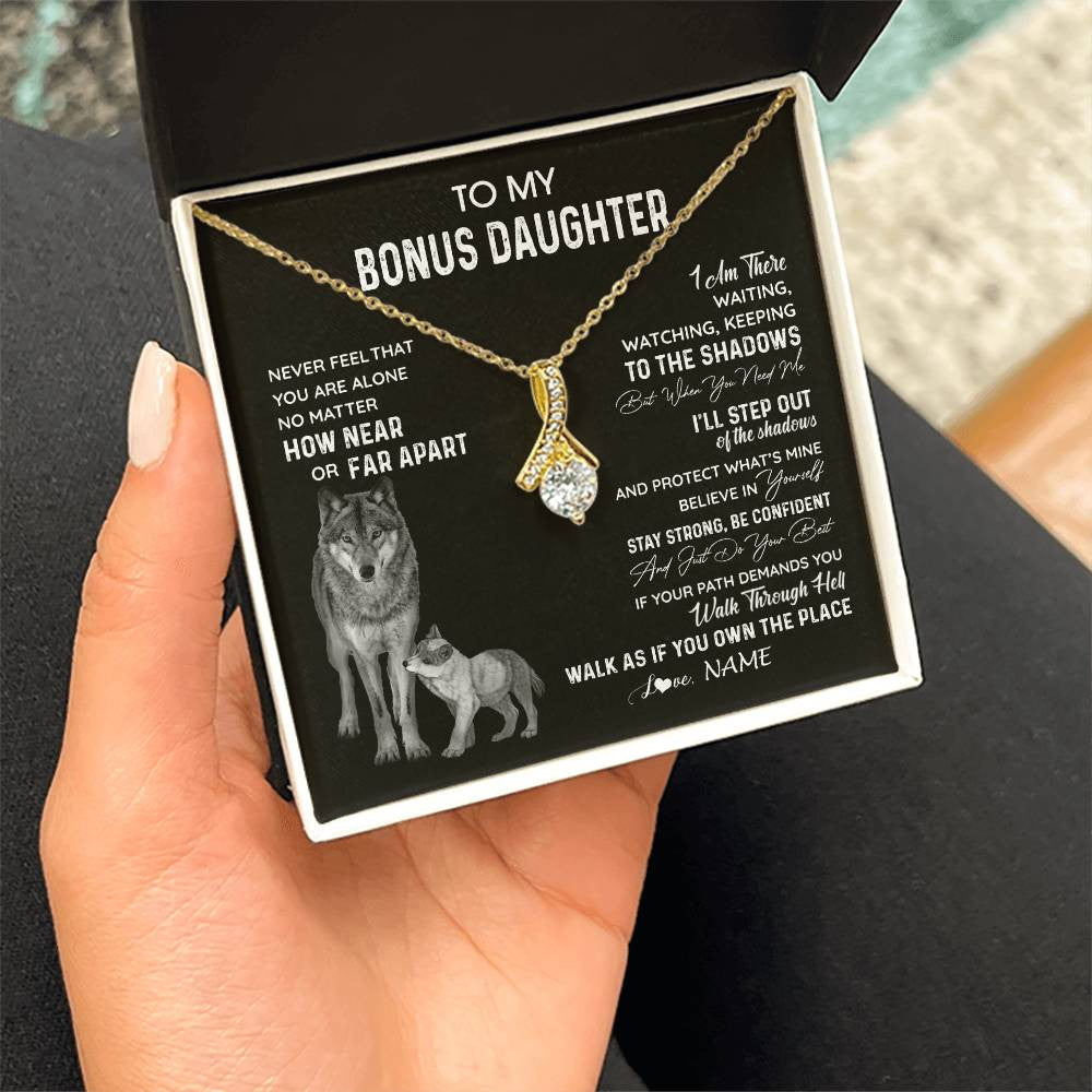 Alluring Beauty Necklace 18K Yellow Gold Finish | 2 | Personalized To My Bonus Daughter Necklace From Stepmom Stepdad Never Feel You Are Alone Wolf Stepdaughter Birthday Christmas Customized Gift Box Message Card | siriusteestore