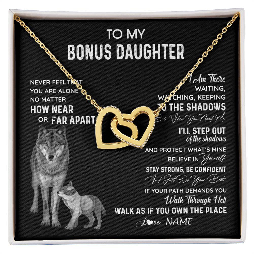 Interlocking Hearts Necklace 18K Yellow Gold Finish | 1 | Personalized To My Bonus Daughter Necklace From Stepmom Stepdad Never Feel You Are Alone Wolf Stepdaughter Birthday Christmas Customized Gift Box Message Card | siriusteestore