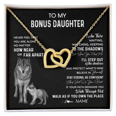 Interlocking Hearts Necklace 18K Yellow Gold Finish | 1 | Personalized To My Bonus Daughter Necklace From Stepmom Stepdad Never Feel You Are Alone Wolf Stepdaughter Birthday Christmas Customized Gift Box Message Card | siriusteestore