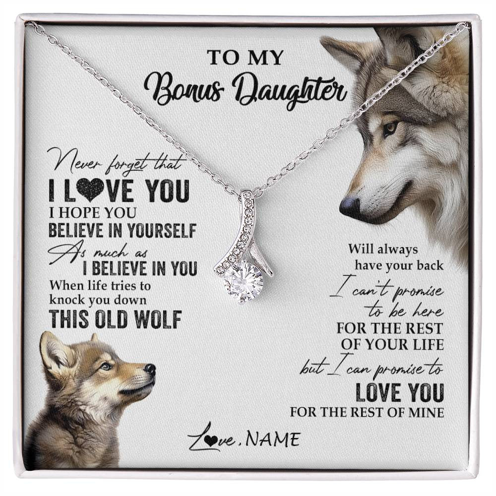 Alluring Beauty Necklace 14K White Gold Finish | 1 | Personalized To My Bonus Daughter Necklace From Stepmom Stepdad This Old Wolf Love You Stepdaughter Birthday Christmas Customized Gift Box Message Card | siriusteestore