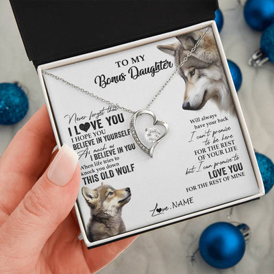 Forever Love Necklace 14K White Gold Finish | 2 | Personalized To My Bonus Daughter Necklace From Stepmom Stepdad This Old Wolf Love You Stepdaughter Birthday Christmas Customized Gift Box Message Card | siriusteestore