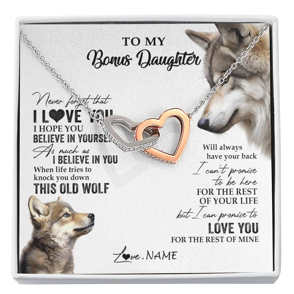 Interlocking Hearts Necklace Stainless Steel & Rose Gold Finish | 1 | Personalized To My Bonus Daughter Necklace From Stepmom Stepdad This Old Wolf Love You Stepdaughter Birthday Christmas Customized Gift Box Message Card | siriusteestore