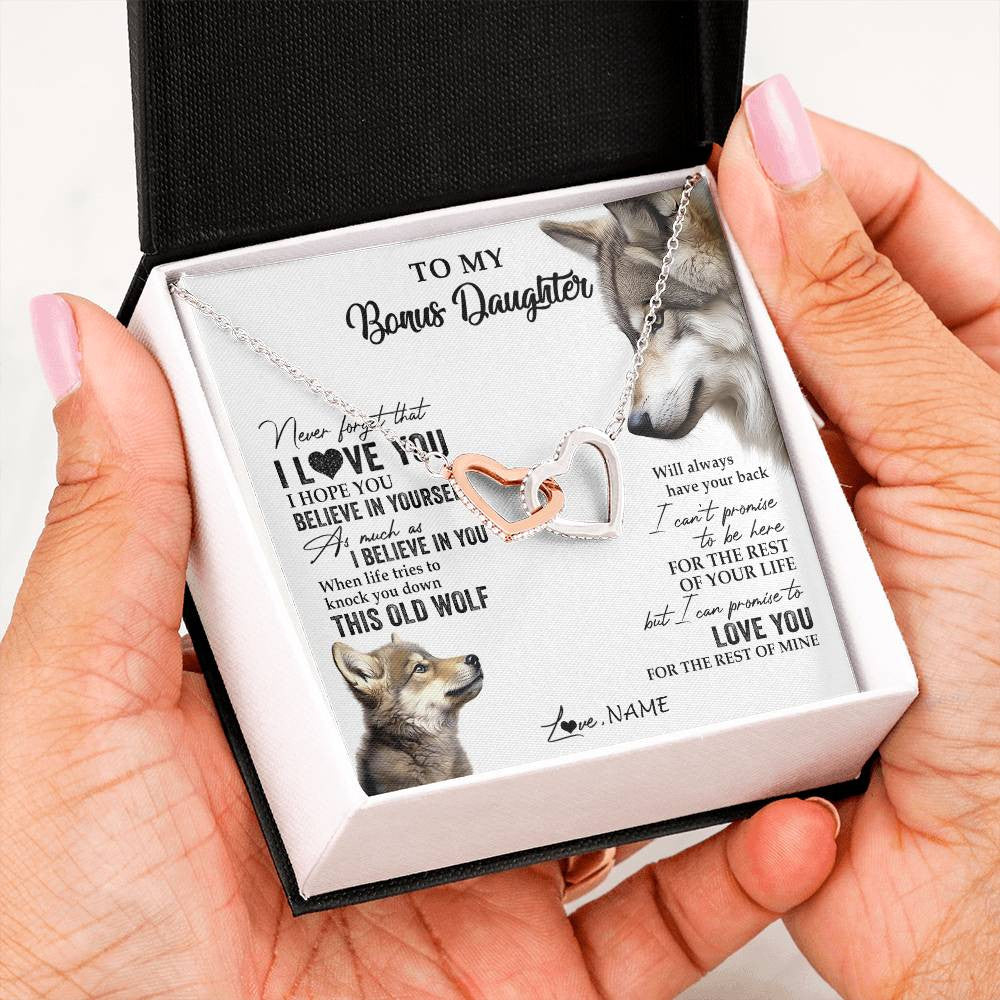 Interlocking Hearts Necklace Stainless Steel & Rose Gold Finish | 2 | Personalized To My Bonus Daughter Necklace From Stepmom Stepdad This Old Wolf Love You Stepdaughter Birthday Christmas Customized Gift Box Message Card | siriusteestore