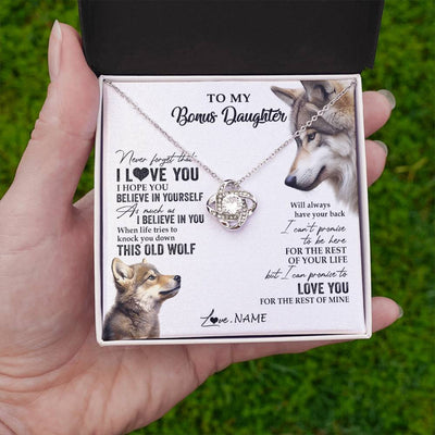 Love Knot Necklace 14K White Gold Finish | 2 | Personalized To My Bonus Daughter Necklace From Stepmom Stepdad This Old Wolf Love You Stepdaughter Birthday Christmas Customized Gift Box Message Card | siriusteestore