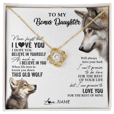 Love Knot Necklace 18K Yellow Gold Finish | 1 | Personalized To My Bonus Daughter Necklace From Stepmom Stepdad This Old Wolf Love You Stepdaughter Birthday Christmas Customized Gift Box Message Card | siriusteestore