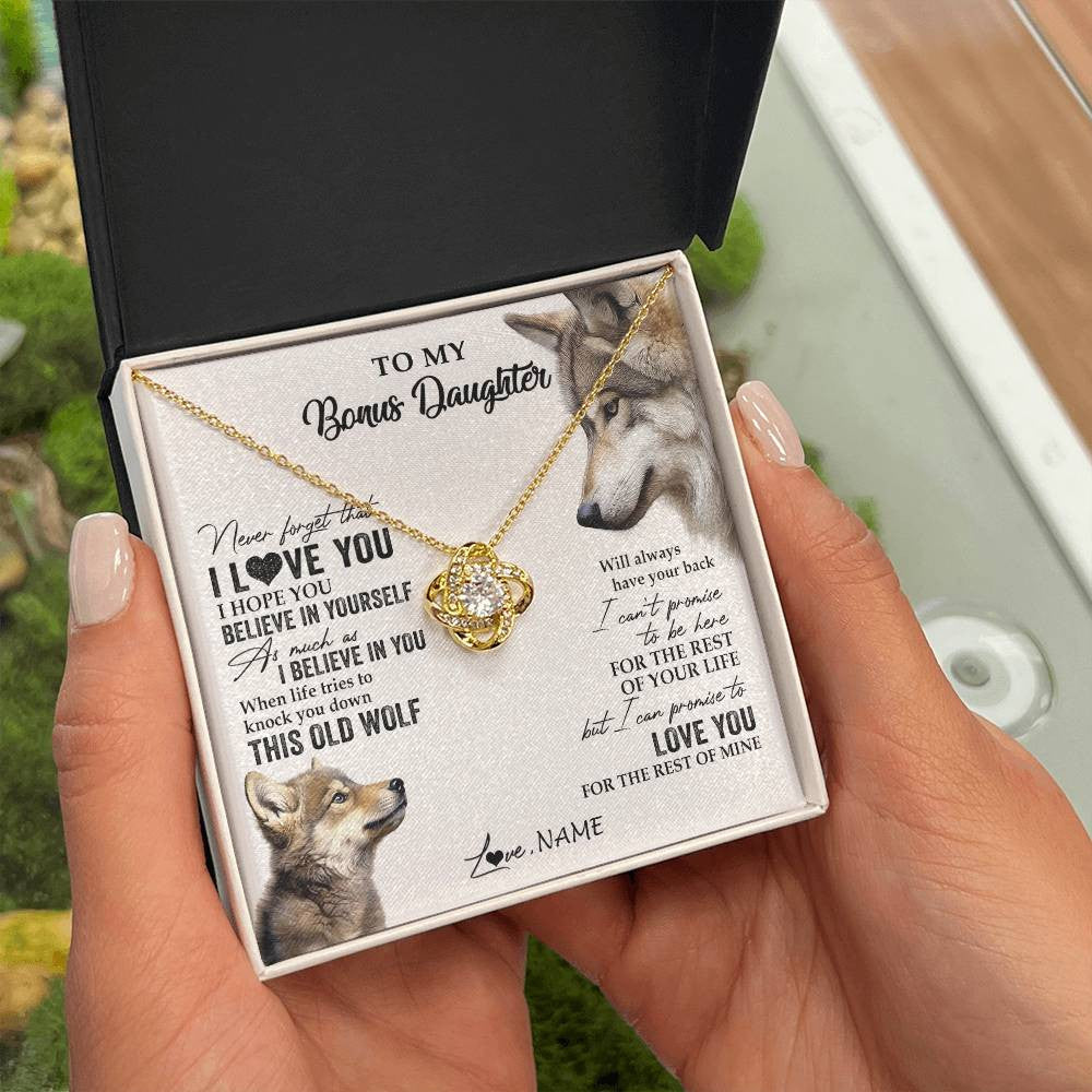 Love Knot Necklace 18K Yellow Gold Finish | 2 | Personalized To My Bonus Daughter Necklace From Stepmom Stepdad This Old Wolf Love You Stepdaughter Birthday Christmas Customized Gift Box Message Card | siriusteestore