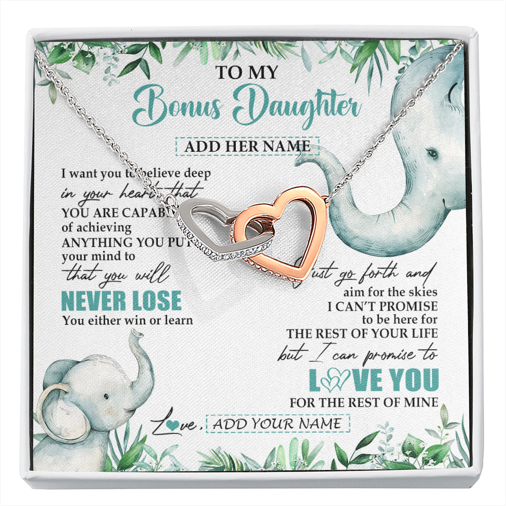 Interlocking Hearts Necklace Stainless Steel & Rose Gold Finish | 1 | Personalized To My Bonus Daughter Necklace From Stepmom Stepdad You Will Never Lose Elephant Stepdaughter Birthday Gifts Christmas Gift Box Message Card | siriusteestore