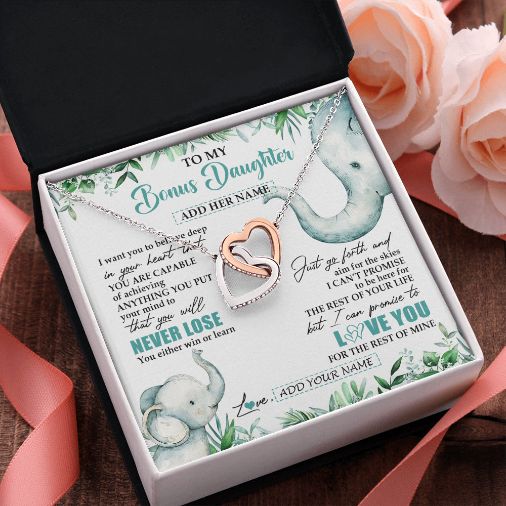 Interlocking Hearts Necklace Stainless Steel & Rose Gold Finish | 2 | Personalized To My Bonus Daughter Necklace From Stepmom Stepdad You Will Never Lose Elephant Stepdaughter Birthday Gifts Christmas Gift Box Message Card | siriusteestore