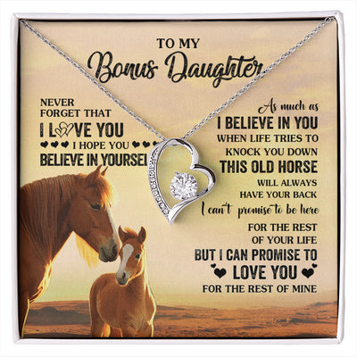 Forever Love Necklace 14K White Gold Finish | 1 | Personalized To My Bonus Daughter Necklace From Stepmom This Old Horse Love You Stepddaughter Birthday Jewelry Christmas Customized Gift Box Message Card | siriusteestore