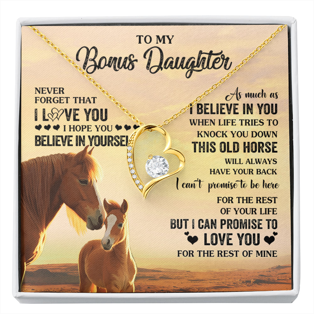 Forever Love Necklace 18K Yellow Gold Finish | 1 | Personalized To My Bonus Daughter Necklace From Stepmom This Old Horse Love You Stepddaughter Birthday Jewelry Christmas Customized Gift Box Message Card | siriusteestore