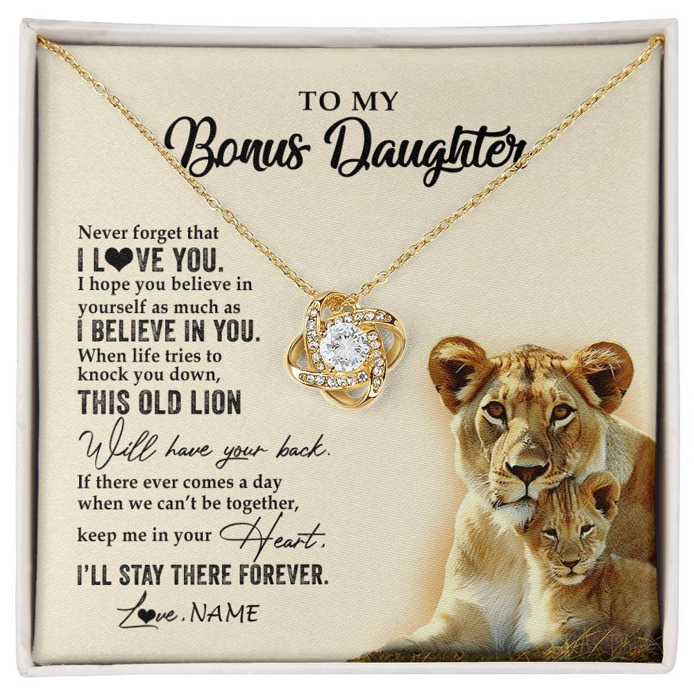 Love Knot Necklace 18K Yellow Gold Finish | 1 | Personalized To My Bonus Daughter Necklace From Stepmom This Old Lion Never Forget I Love You Stepdaughter Birthday Christmas Customized Gift Box Message Card | siriusteestore