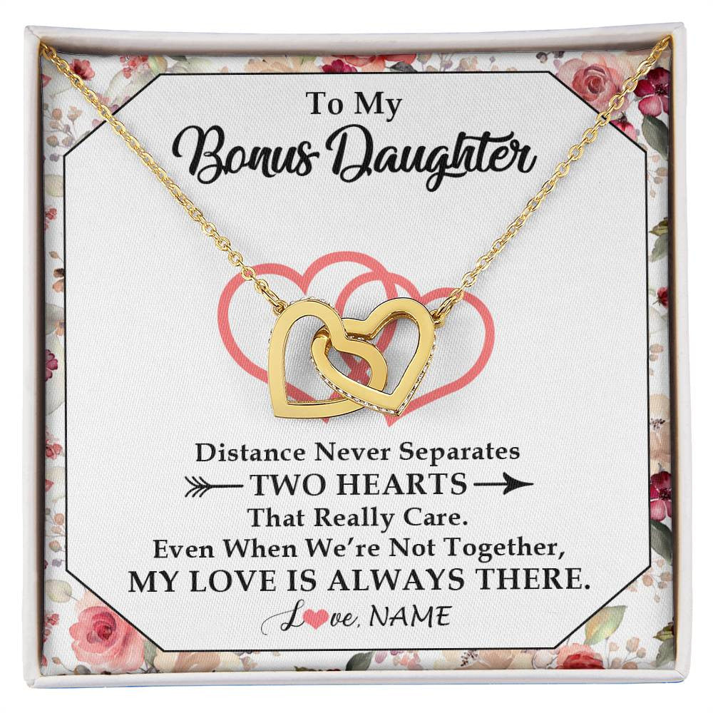 Interlocking Hearts Necklace 18K Yellow Gold Finish | 1 | Personalized To My Bonus Daughter Necklace From Stepmom Two Hearts Together Stepdaughter Birthday Christmas Customized Gift Box Message Card | siriusteestore