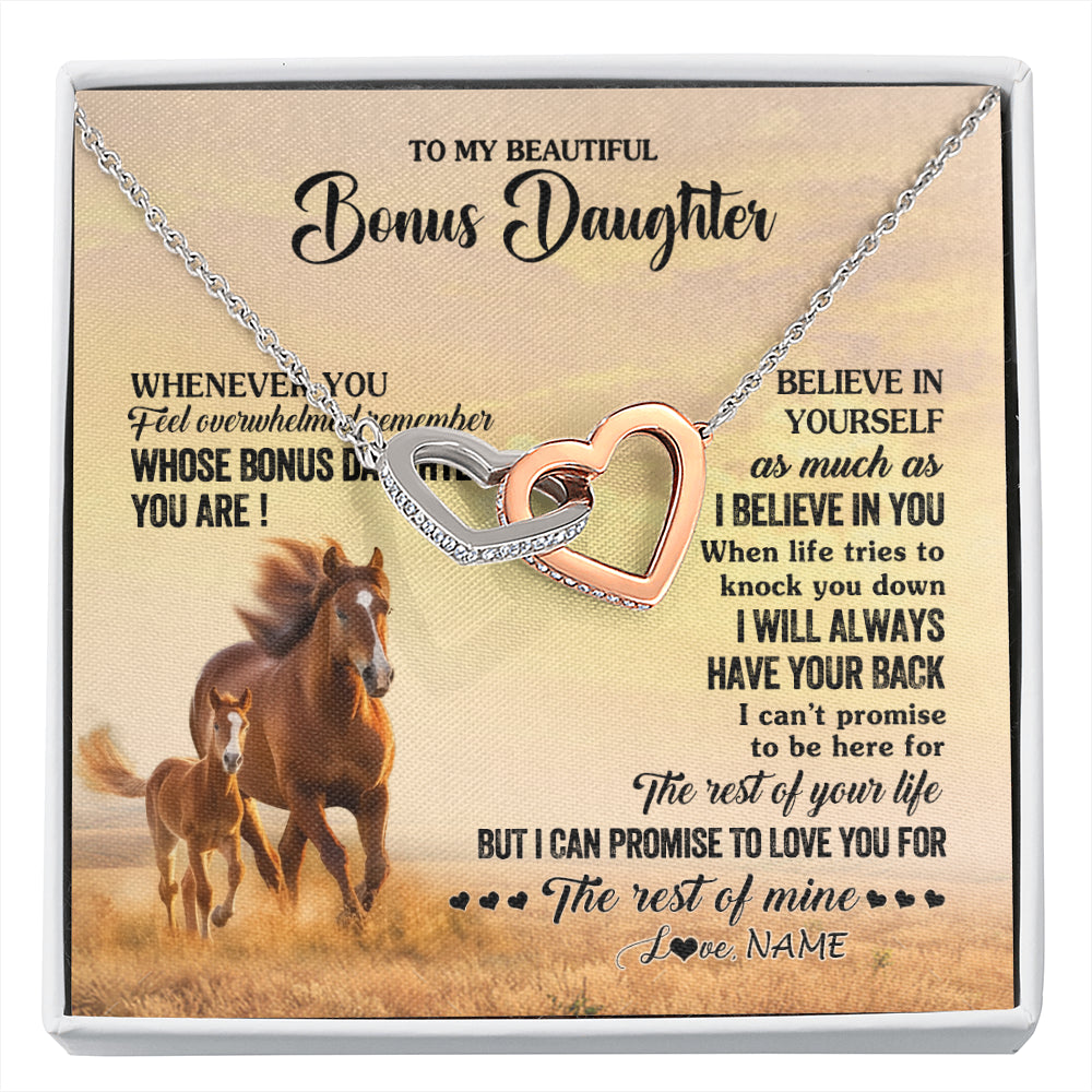 Interlocking Hearts Necklace Stainless Steel & Rose Gold Finish | 1 | Personalized To My Bonus Daughter Necklace From Stepmom Whenever You Feel Horse Stepddaughter Birthday Jewelry Christmas Customized Gift Box Message Card | siriusteestore