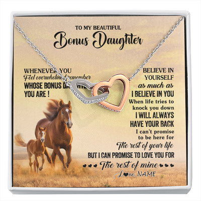Interlocking Hearts Necklace Stainless Steel & Rose Gold Finish | 1 | Personalized To My Bonus Daughter Necklace From Stepmom Whenever You Feel Horse Stepddaughter Birthday Jewelry Christmas Customized Gift Box Message Card | siriusteestore