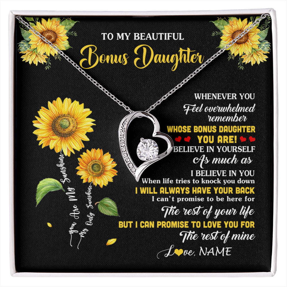 Forever Love Necklace 14K White Gold Finish | 1 | Personalized To My Bonus Daughter Necklace From Stepmom Whenever You Feel Sunflower Stepddaughter Birthday Jewelry Christmas Customized Gift Box Message Card | siriusteestore