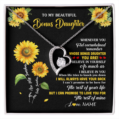 Forever Love Necklace 14K White Gold Finish | 1 | Personalized To My Bonus Daughter Necklace From Stepmom Whenever You Feel Sunflower Stepddaughter Birthday Jewelry Christmas Customized Gift Box Message Card | siriusteestore