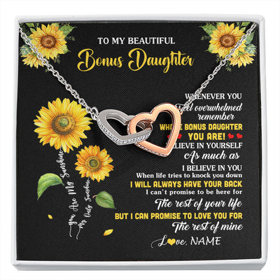 Interlocking Hearts Necklace Stainless Steel & Rose Gold Finish | 1 | Personalized To My Bonus Daughter Necklace From Stepmom Whenever You Feel Sunflower Stepddaughter Birthday Jewelry Christmas Customized Gift Box Message Card | siriusteestore