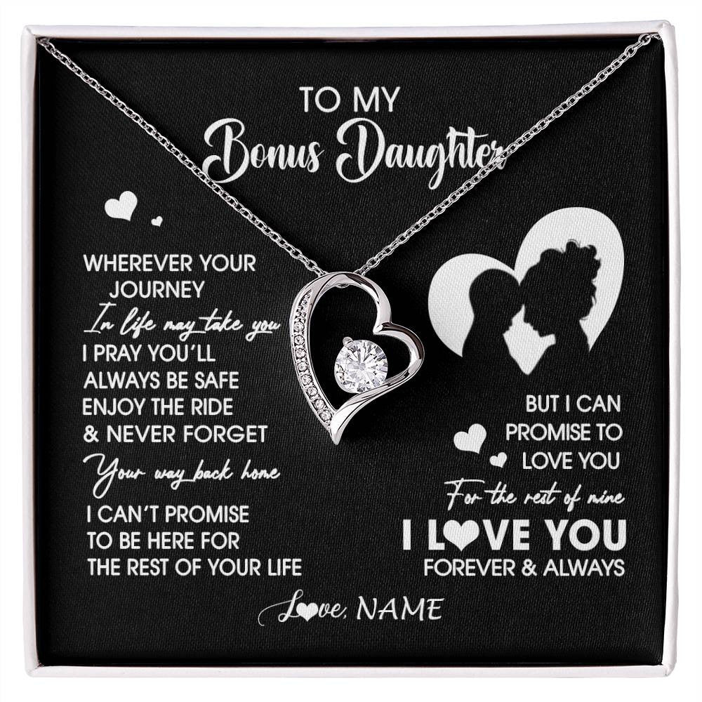 Forever Love Necklace 14K White Gold Finish | 1 | Personalized To My Bonus Daughter Necklace From Stepmom Wherever Your Journey Stepdaughter Birthday Gifts Graduation Christmas Customized Gift Box Message Card | siriusteestore