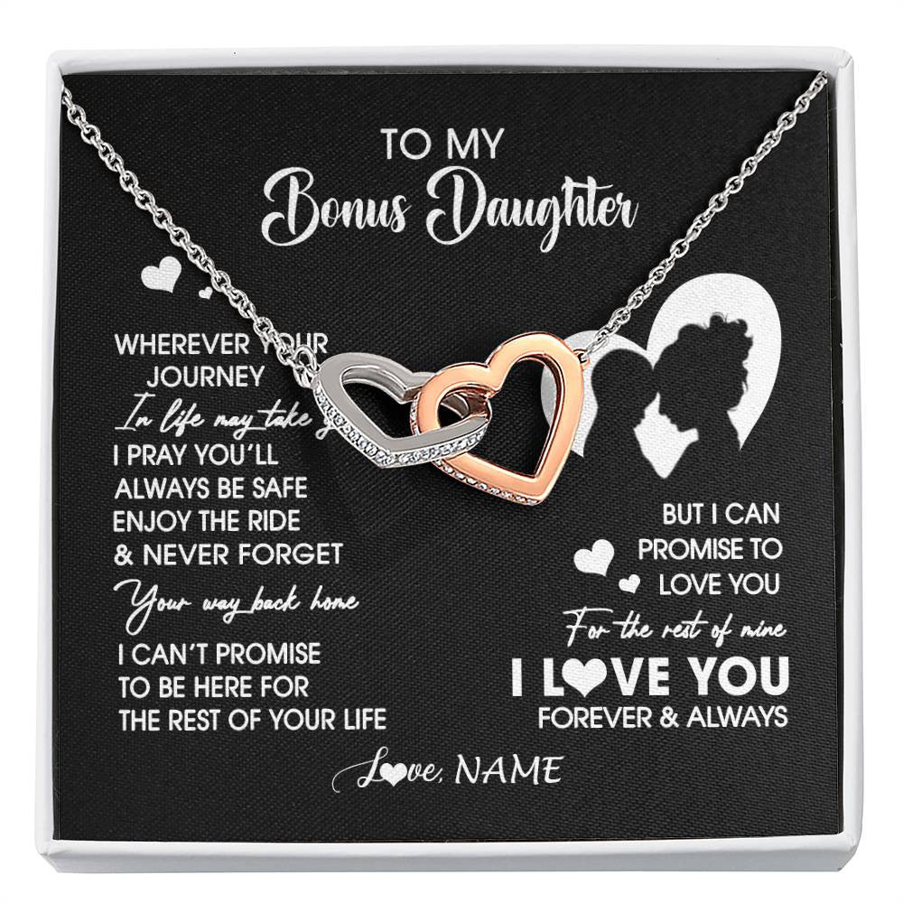 Interlocking Hearts Necklace Stainless Steel & Rose Gold Finish | 1 | Personalized To My Bonus Daughter Necklace From Stepmom Wherever Your Journey Stepdaughter Birthday Gifts Graduation Christmas Customized Gift Box Message Card | siriusteestore