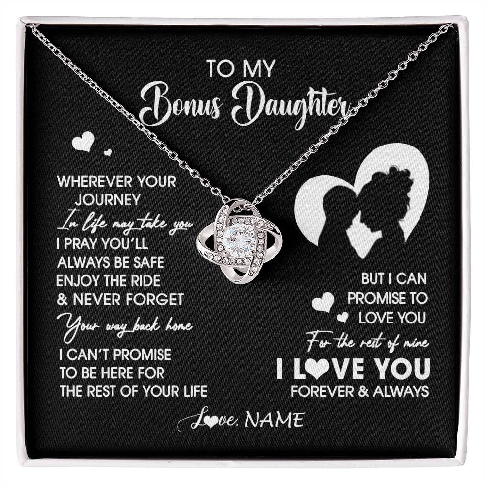 Love Knot Necklace 14K White Gold Finish | 1 | Personalized To My Bonus Daughter Necklace From Stepmom Wherever Your Journey Stepdaughter Birthday Gifts Graduation Christmas Customized Gift Box Message Card | siriusteestore