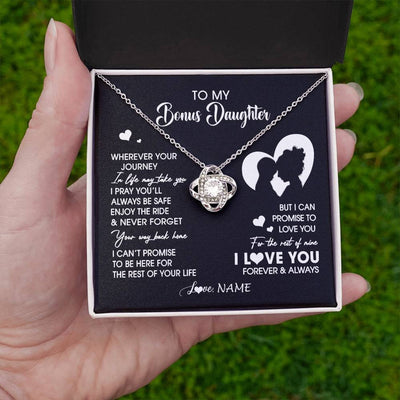 Love Knot Necklace 14K White Gold Finish | 2 | Personalized To My Bonus Daughter Necklace From Stepmom Wherever Your Journey Stepdaughter Birthday Gifts Graduation Christmas Customized Gift Box Message Card | siriusteestore