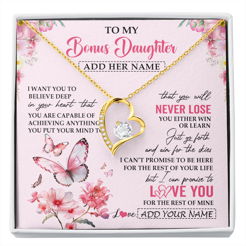 Forever Love Necklace 18K Yellow Gold Finish | 1 | Personalized To My Bonus Daughter Necklace From Stepmom You Will Never Lose Butterfly Stepdaughter Birthday Gifts Graduation Christmas Gift Box Message Card | siriusteestore