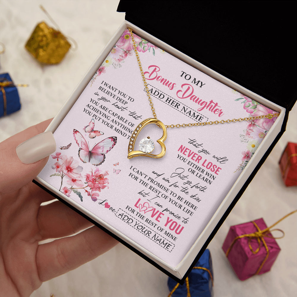 Forever Love Necklace 18K Yellow Gold Finish | 2 | Personalized To My Bonus Daughter Necklace From Stepmom You Will Never Lose Butterfly Stepdaughter Birthday Gifts Graduation Christmas Gift Box Message Card | siriusteestore