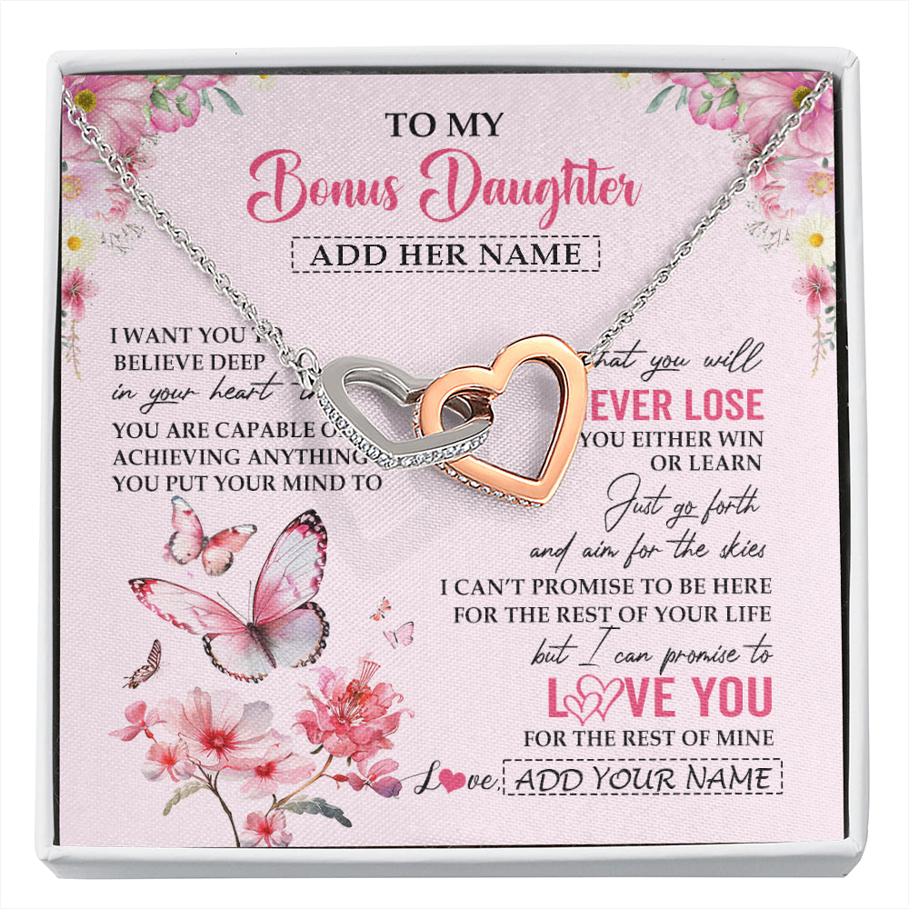 Interlocking Hearts Necklace Stainless Steel & Rose Gold Finish | 1 | Personalized To My Bonus Daughter Necklace From Stepmom You Will Never Lose Butterfly Stepdaughter Birthday Gifts Graduation Christmas Gift Box Message Card | siriusteestore