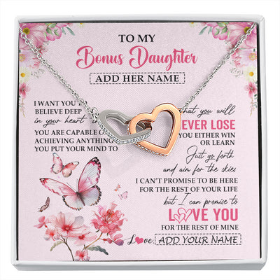 Interlocking Hearts Necklace Stainless Steel & Rose Gold Finish | 1 | Personalized To My Bonus Daughter Necklace From Stepmom You Will Never Lose Butterfly Stepdaughter Birthday Gifts Graduation Christmas Gift Box Message Card | siriusteestore