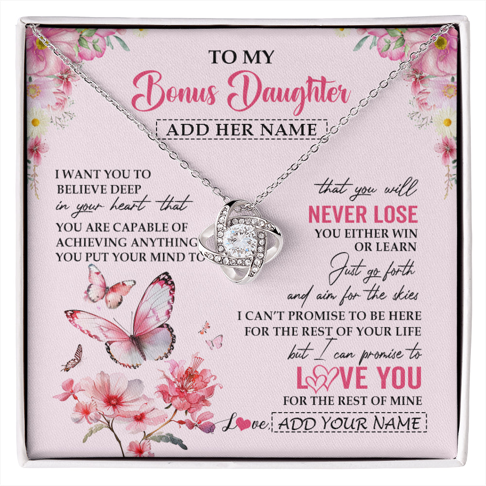 Love Knot Necklace 14K White Gold Finish | 1 | Personalized To My Bonus Daughter Necklace From Stepmom You Will Never Lose Butterfly Stepdaughter Birthday Gifts Graduation Christmas Gift Box Message Card | siriusteestore