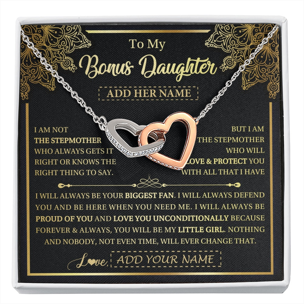 Interlocking Hearts Necklace Stainless Steel & Rose Gold Finish | 1 | Personalized To My Bonus Daughter Necklace From Stepmom Your Biggest Fan Birthday Gifts For Stepdaughter Gifts Christmas Custom Gift Box Message Card | siriusteestore.myshopify