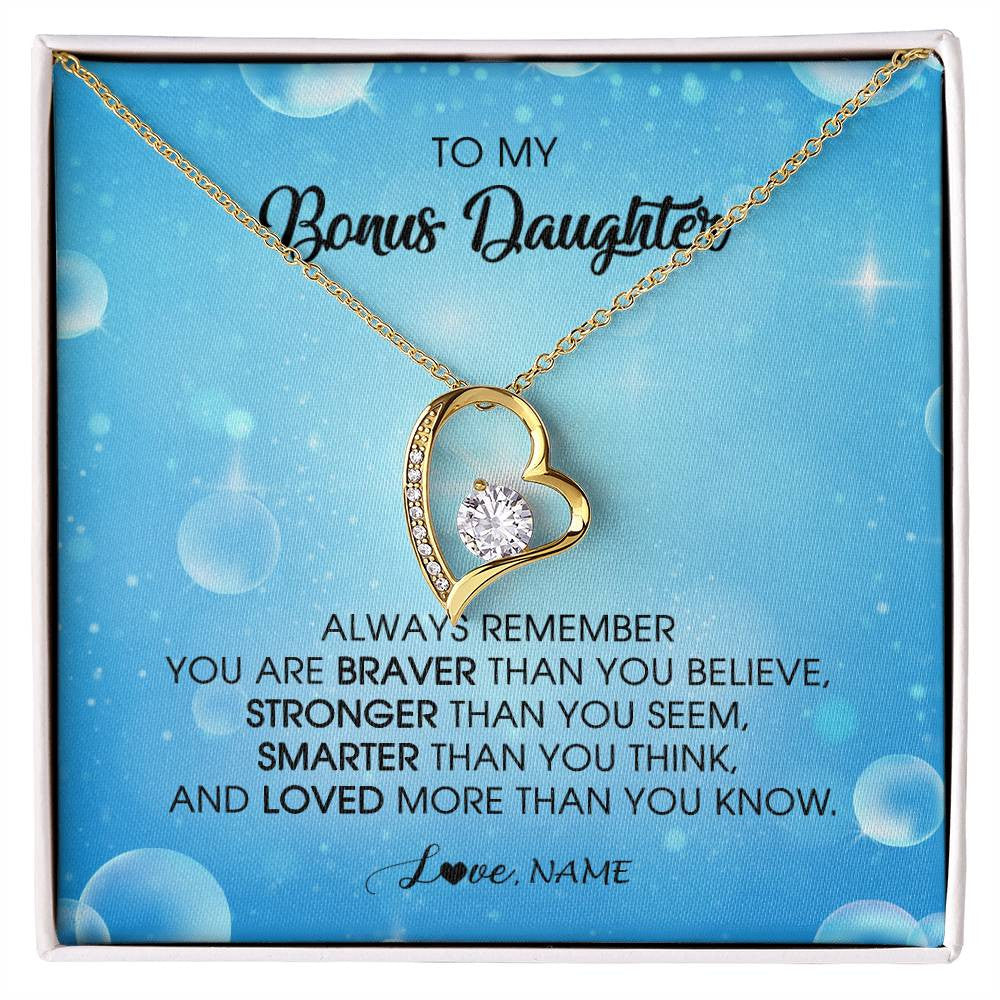 Forever Love Necklace 18K Yellow Gold Finish | Personalized To My Bonus Daughter Necklace From Stepmother Always Remember You Are Braver Stepdaughter Jewelry Birthday Christmas Customized Message Card | siriusteestore