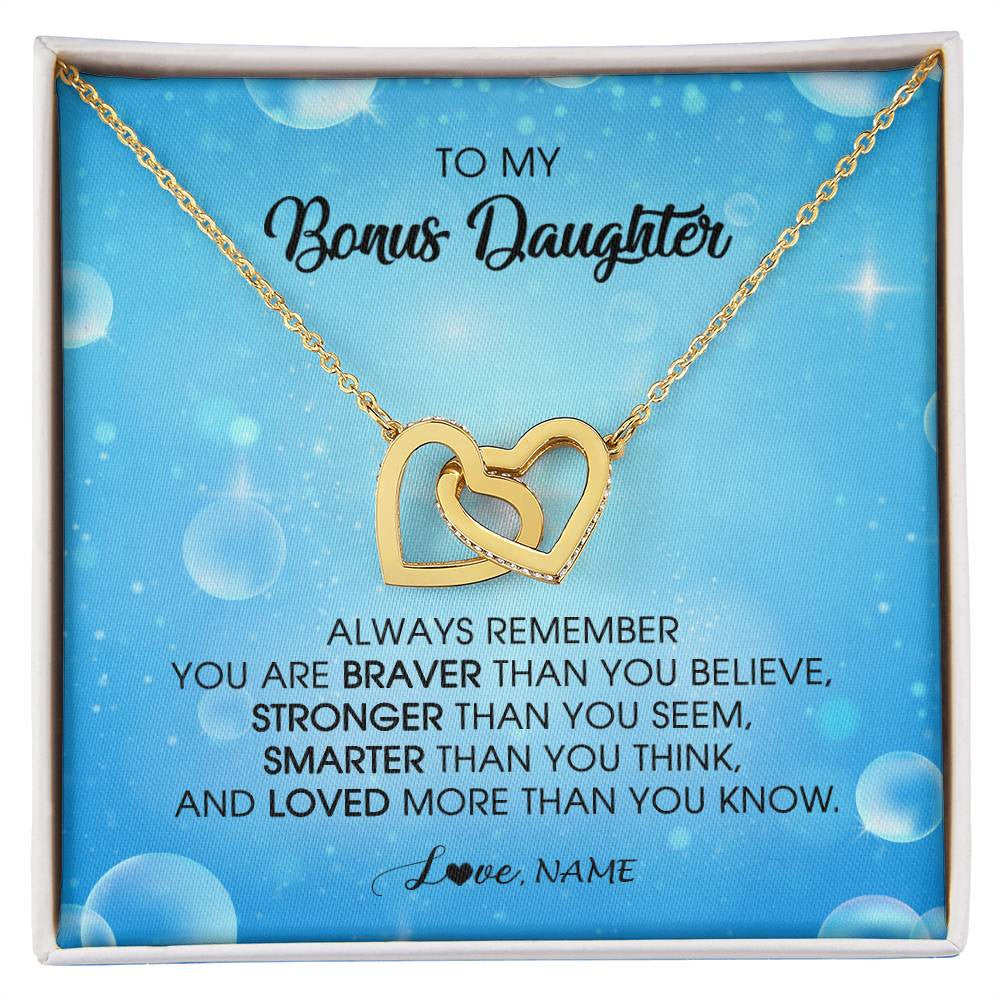Interlocking Hearts Necklace 18K Yellow Gold Finish | Personalized To My Bonus Daughter Necklace From Stepmother Always Remember You Are Braver Stepdaughter Jewelry Birthday Christmas Customized Message Card | siriusteestore