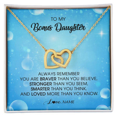 Interlocking Hearts Necklace 18K Yellow Gold Finish | Personalized To My Bonus Daughter Necklace From Stepmother Always Remember You Are Braver Stepdaughter Jewelry Birthday Christmas Customized Message Card | siriusteestore