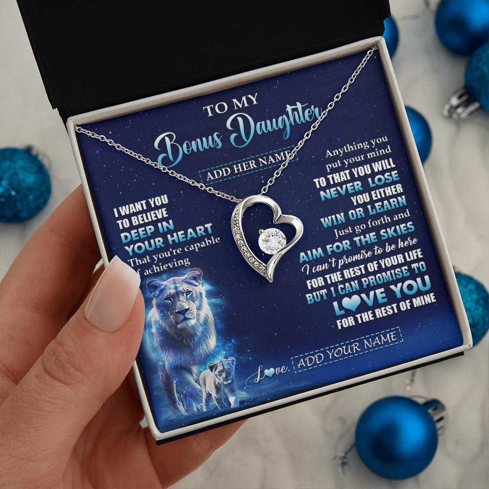 Forever Love Necklace 14K White Gold Finish | 2 | Personalized To My Bonus Daughter Necklace From Stepmother Believe Your Heart Stepdaughter Gift Birthday Graduation Christmas Customized Gift Box Message Card | siriusteestore.myshopify