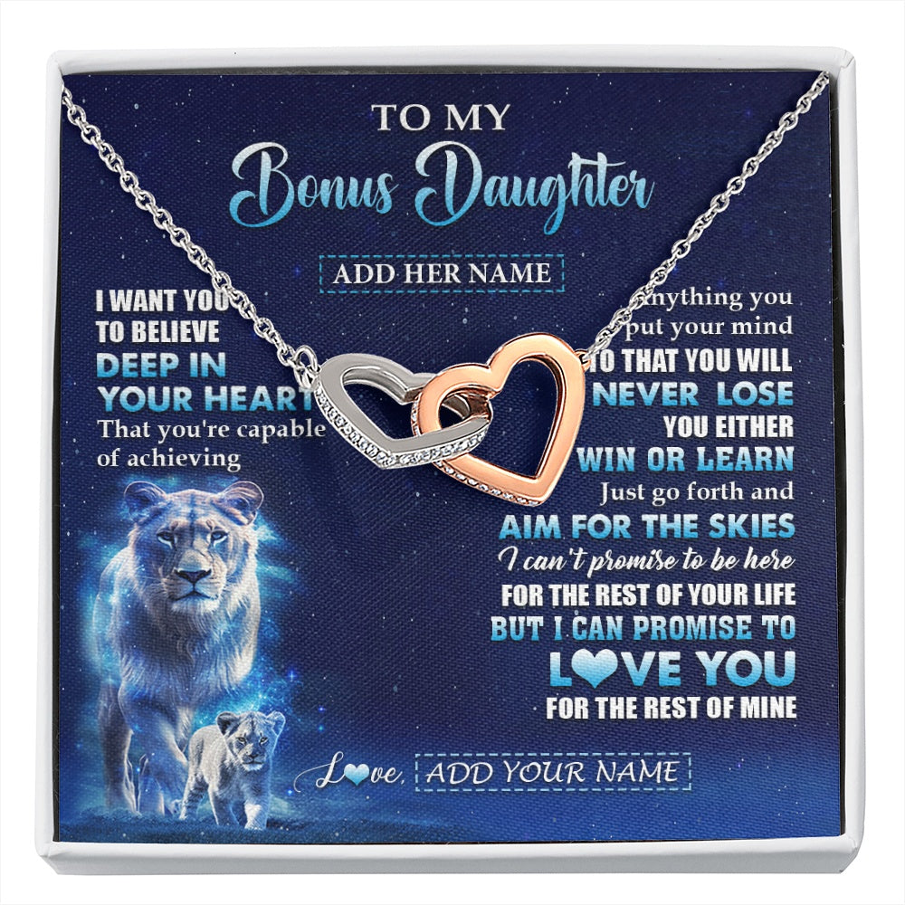 Interlocking Hearts Necklace Stainless Steel & Rose Gold Finish | 1 | Personalized To My Bonus Daughter Necklace From Stepmother Believe Your Heart Stepdaughter Gift Birthday Graduation Christmas Customized Gift Box Message Card | siriusteestore.myshopify
